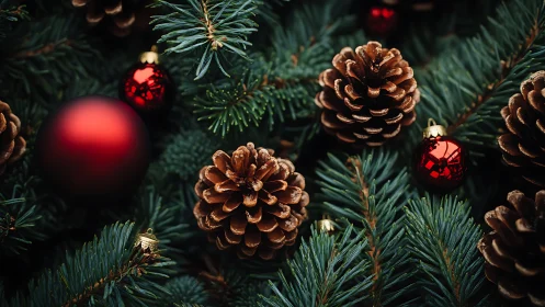 Christmas pine branches with red ornaments and cones.