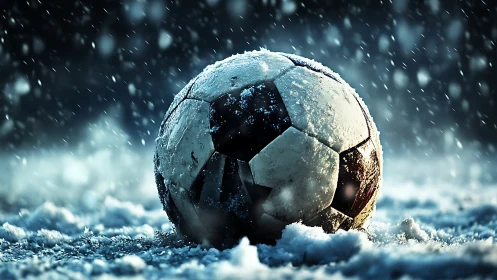 Snow covered soccer ball on frozen ground in snowfall.