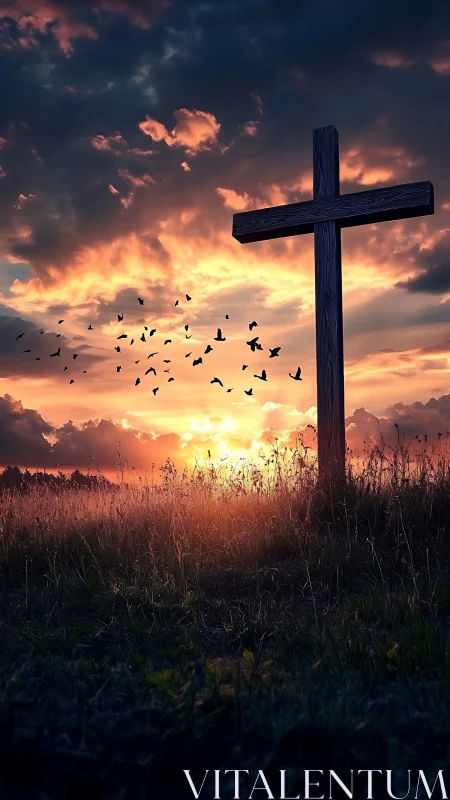 Wooden cross in grassland under dense sunset cloudscape.