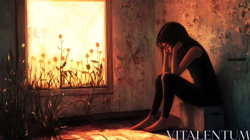 Solitary girl in dim room contrasts bright wildflower window.