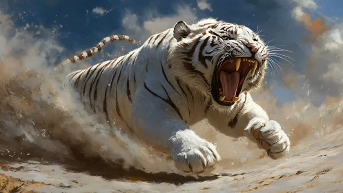Charging white tiger in sandstorm, high-energy digital painting