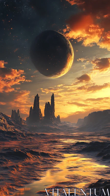 Glowing alien horizon welcomes a tranquil double-sunset sky