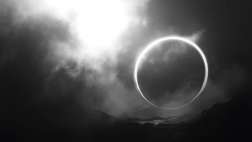 Luminous circular ring above dark mountainous landscape.