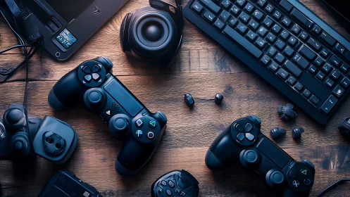 DualShock controllers with PC peripherals on rustic wood desk