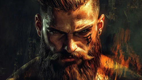 Fierce bearded warrior gazes forward with steady burning resolve