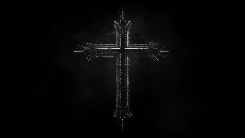 Silver techno crucifix glows quietly in a midnight void.