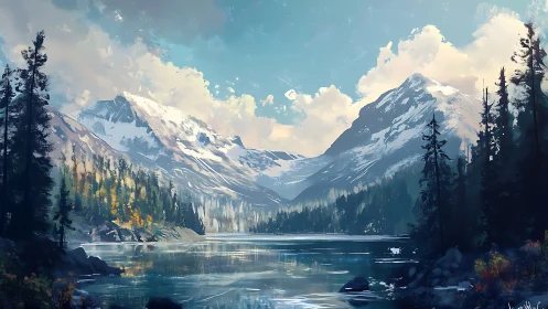 Snow-capped mountains rise over a tranquil alpine lake at dawn