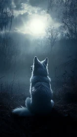 White wolf watches full moon in dark misty forest night.