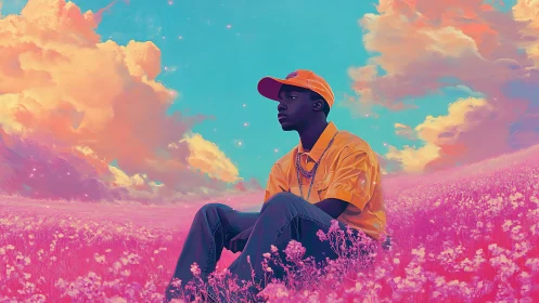 Dreamy portrait in neon meadow under surreal skies.