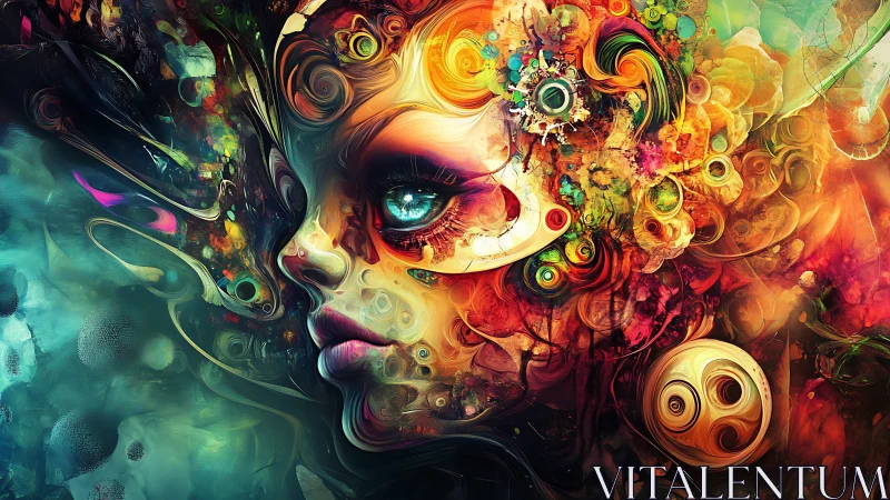 Psychedelic female visage rendered in swirling digital abstraction