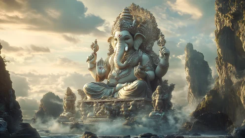 Gentle giant of the misty cliffs, serene divine presence.