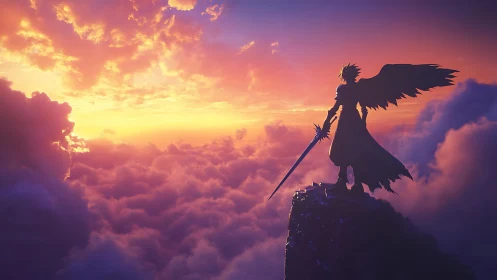 Winged swordsman overlooks blazing sunset cloud kingdom.