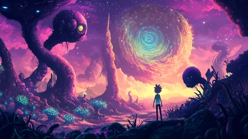 Silhouetted traveler watches neon vortex over alien valley