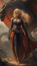 Armored elf dragonrider advances through embers with controlled resolve