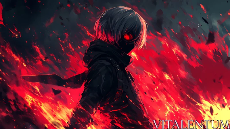 Firelit warrior stands calm in swirling embers and shadow