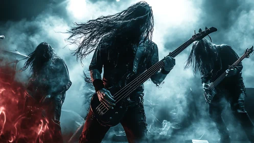 Metal band performing on stage in dense blue concert fog.