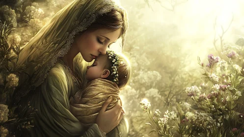 Digital painting of maternal embrace in luminous floral glade.