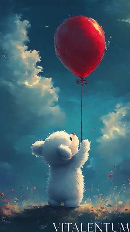 Little white bear reaching for a glowing red balloon.