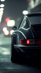 Sleek classic sports car glows under moody city lights