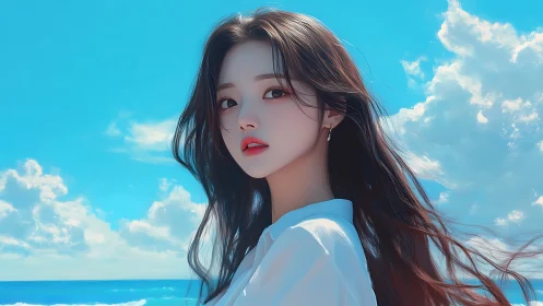 Dreamy seaside girl under a bright blue summer sky.