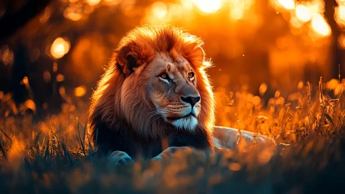 Regal lion rests in golden hour savanna backlight glow.
