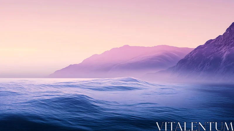 Gradient-lit ocean waves meet misty mountain coastline at dusk