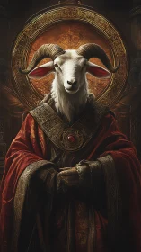 Regal goat priest stands calmly in ornate golden robes