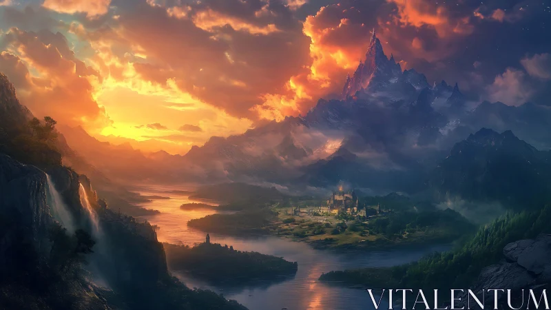 Luminescent fantasy citadel beneath volcanic spire at dusk