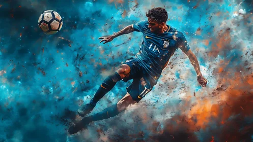 Explosive soccer volley amid blue and orange cosmic dust.