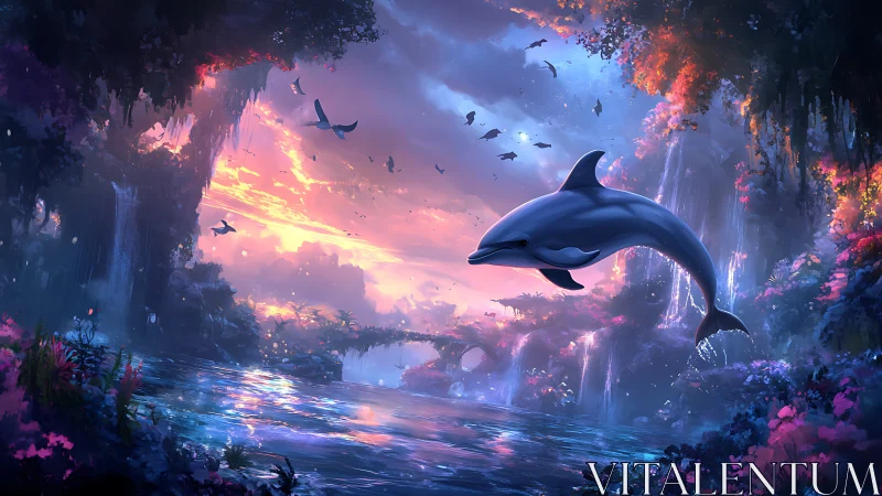 Dolphin moves through luminous river canyon under dusk sky