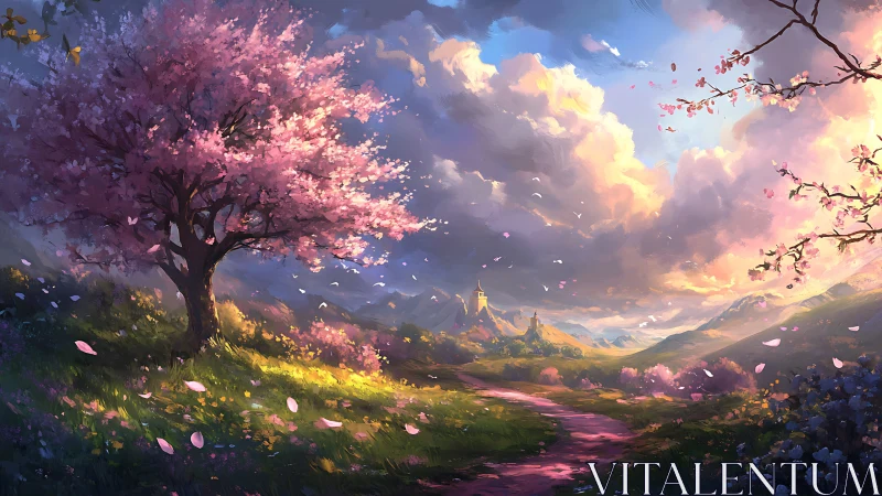 Springtime path toward distant castle under glowing skies.