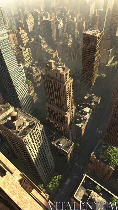 Vertiginous sunlit megacity canyon with softened haze above.