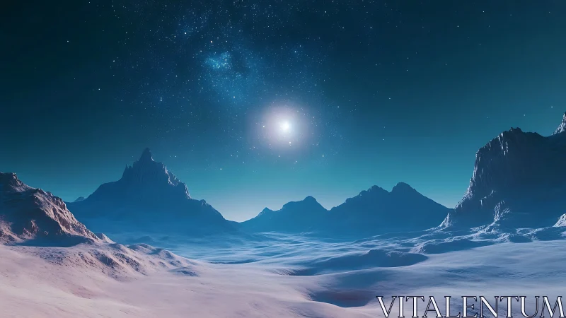 Distant icy landscape under bright star and night sky.