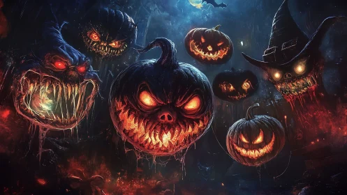 Sinister jack-o&rsquo;-lantern spirits blaze in a haunted night