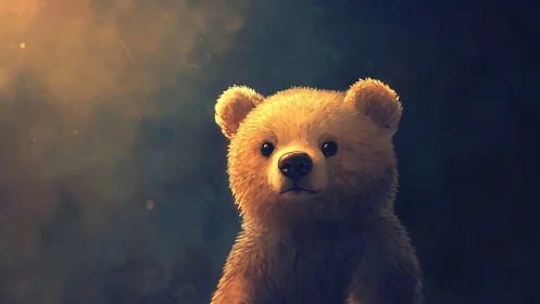 Golden light gently illuminates an inquisitive bear cub