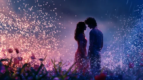 Couple Silhouettes Amid Luminous Particle Storm