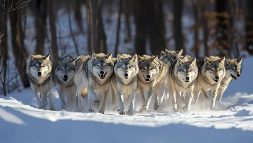 Grey wolf pack moving across snowy forest clearing in winter.