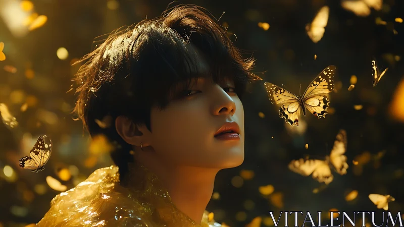 Young person in warm light surrounded by golden butterflies.