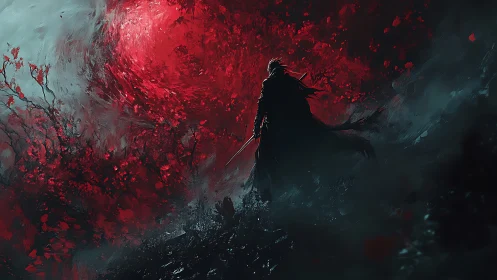 Lone swordsman before swirling red void stormscape.