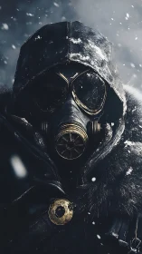 Lone winter wanderer in a hooded gas mask and falling snow.