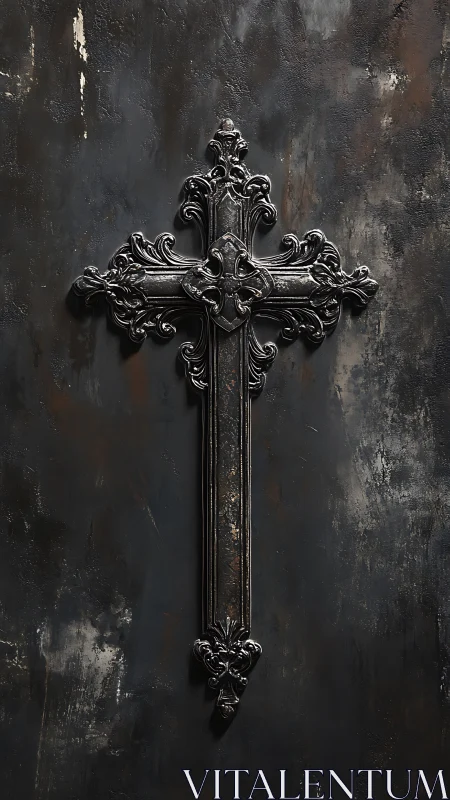 Ornate black metal cross mounted on distressed dark wall