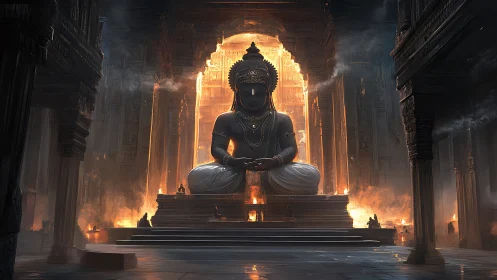 Colossal temple deity aglow in molten dusk-lit serenity.