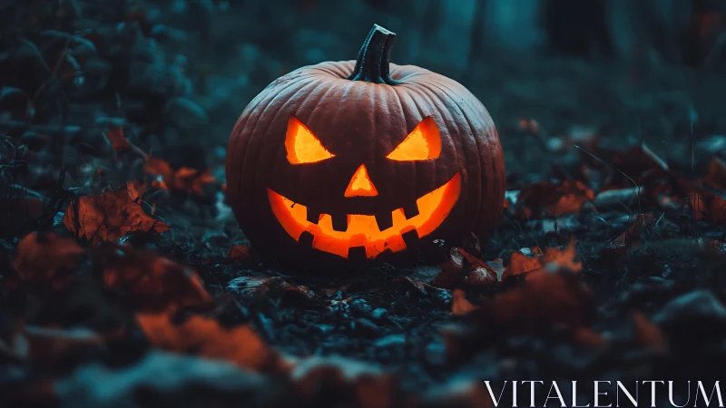 Jack o’lantern grins wickedly through the blue autumn gloom