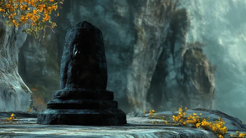 Stone monolith stands on weathered rock before cliff face