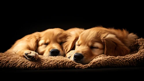 Two sleepy golden puppies share a cozy blanket nap together