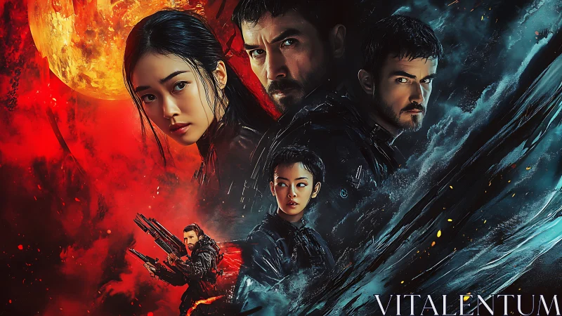 Sci fi ensemble before burning moon and storm-swept void.