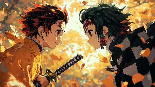 Two sword-wielding anime characters facing off in autumn forest.