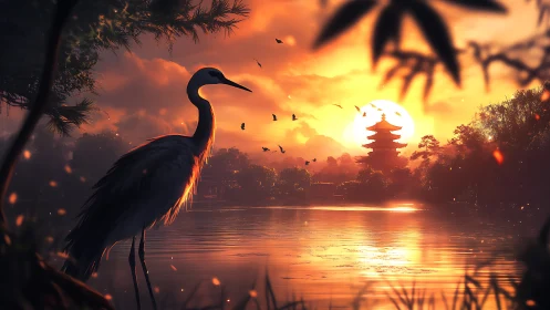 Solitary heron observes pagoda skyline under blazing sunset