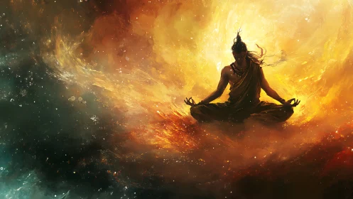 Cosmic monk levitating in stellar nebula of fire and shadow