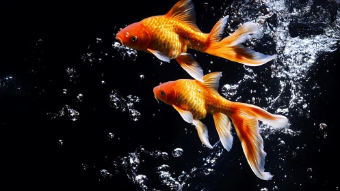 Twin koi comets streak through starlit splash and shadow.